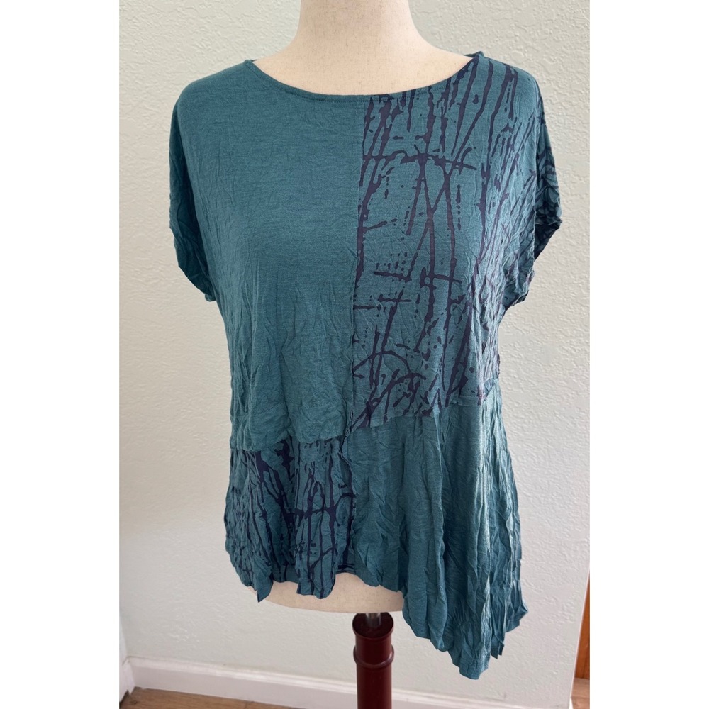 Chalet Et Ceci Calypso Blouse Top Blue Size XS Abstract Crinkle Lagenlook Artsy